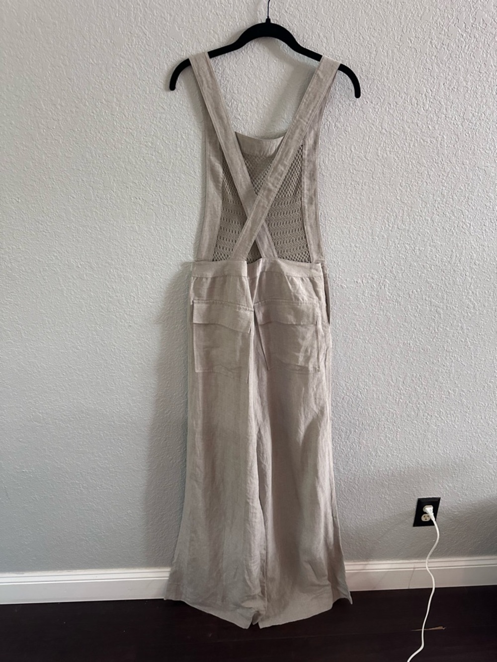 Nanette Lepore Linen Wide Leg Jumpsuit Crochet Bib Suspender Pants Neutral Boho - Picture 9 of 12
